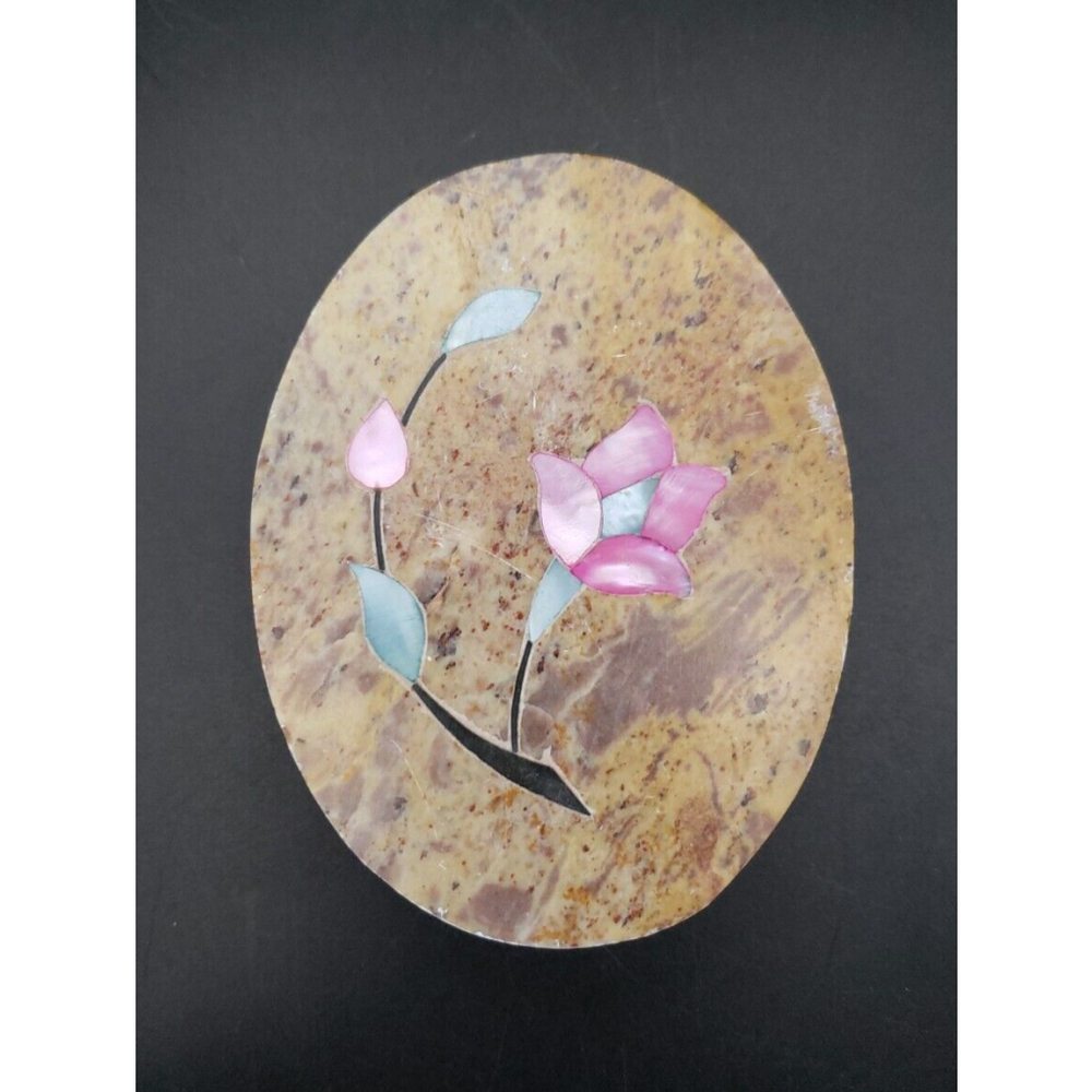 Vintage Hand Carved Soapstone Mother of Pearl Floral design Trinket Box